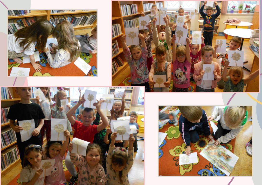Kolaż zdjęć - dwie grupy przedszkolaków prezentujące prace wykonane na zajęciach oraz dwa zdjęcia przedszkolaków podczas przeglądania książek w bibliotece