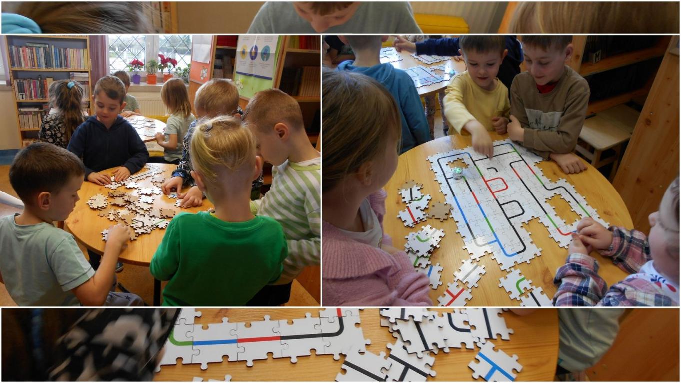 Na pierwszym planie dwa zdjęcia grup przedszkolaków w trakcie układania puzzli dla ozobotów. W tle również puzzle