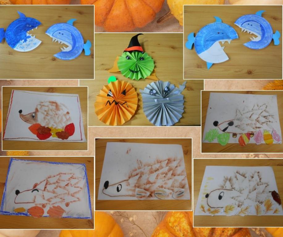 Zdjęcia prac wykonanych na zajęciach: rekiny z talerzyków papierowych, harmonijkowa czarownica, dynia i duch z papieru, jeże pastelami